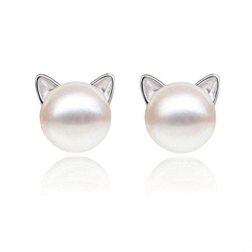 S.Leaf Cat Pearl Earrings for Women Sterling Silver Hypoallergenic Flat Back Stud Cat Memorial Earrings Best Friend Birthday Gifts for Women Trendy Siser Mom Wife Womens Her Friend Party - Image 1
