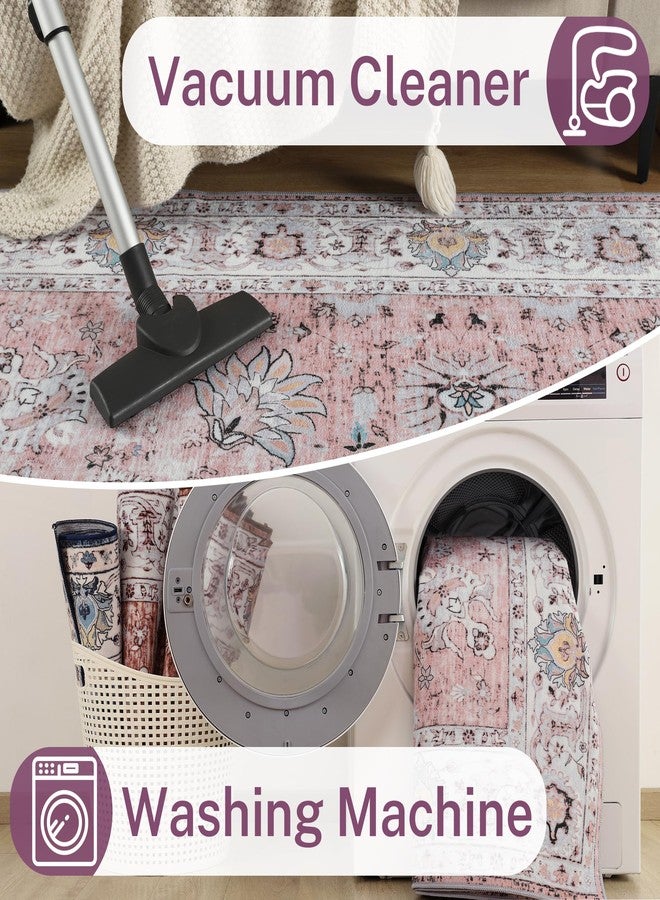 ULTSOFE 6x9 Washable Area Rug Pink Living Room Non Slip Chenille Floral Vintage Bedroom Carpet Stain Resistant Indoor Low-Pile Soft Patterned Printed Dining Room Rugs - Image 3