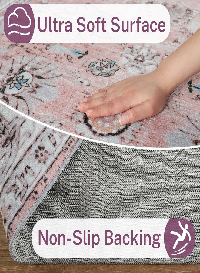 ULTSOFE 6x9 Washable Area Rug Pink Living Room Non Slip Chenille Floral Vintage Bedroom Carpet Stain Resistant Indoor Low-Pile Soft Patterned Printed Dining Room Rugs - Image 4