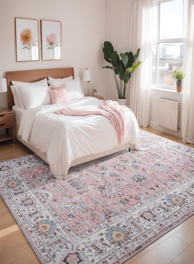 ULTSOFE 6x9 Washable Area Rug Pink Living Room Non Slip Chenille Floral Vintage Bedroom Carpet Stain Resistant Indoor Low-Pile Soft Patterned Printed Dining Room Rugs - Image 2