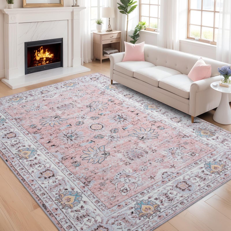 ULTSOFE 6x9 Washable Area Rug Pink Living Room Non Slip Chenille Floral Vintage Bedroom Carpet Stain Resistant Indoor Low-Pile Soft Patterned Printed Dining Room Rugs - Image 1
