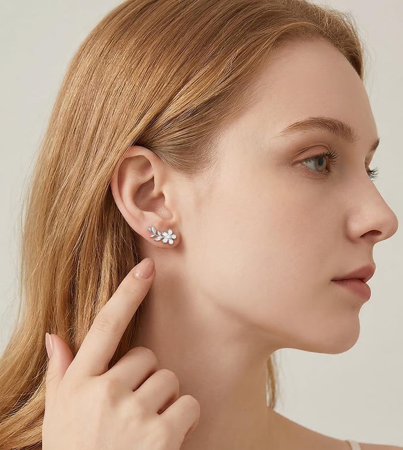 Reffeer Solid 925 Sterling Silver Flower Stud Earrings for Women Teen Girls CZ Leaf Post Stud Earrings Pearl Flower Studs (A-Silver) - Image 2