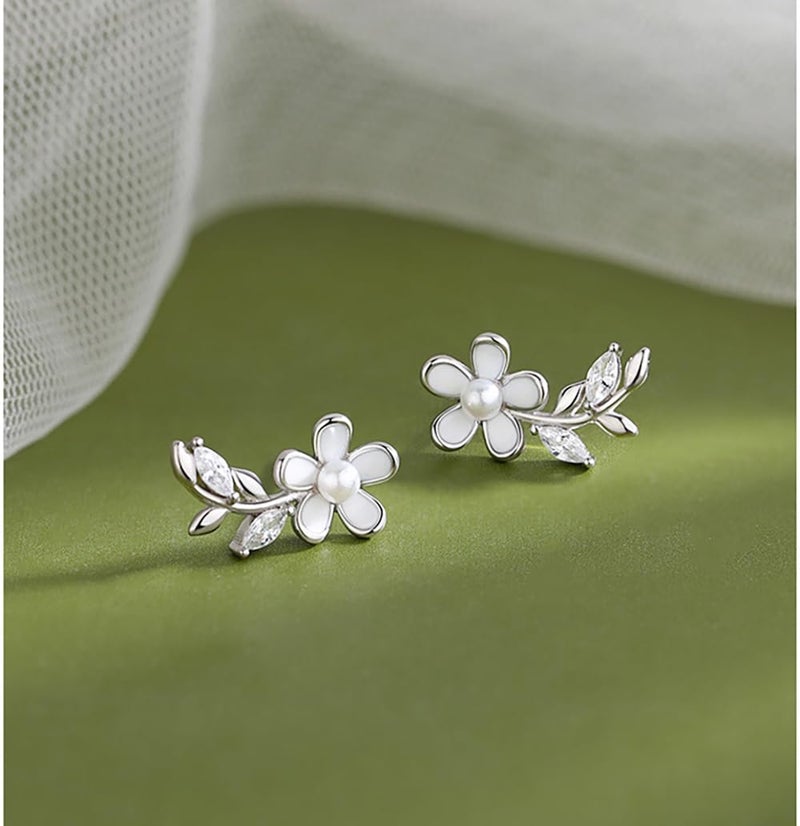 Reffeer Solid 925 Sterling Silver Flower Stud Earrings for Women Teen Girls CZ Leaf Post Stud Earrings Pearl Flower Studs (A-Silver) - Image 4