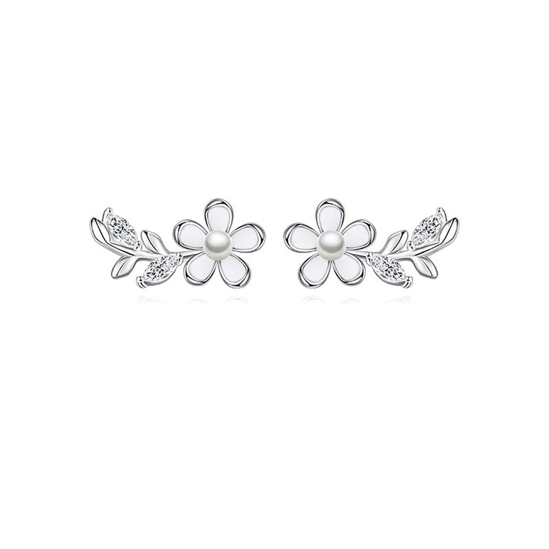 Reffeer Solid 925 Sterling Silver Flower Stud Earrings for Women Teen Girls CZ Leaf Post Stud Earrings Pearl Flower Studs (A-Silver) - Image 1
