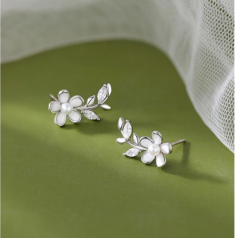 Reffeer Solid 925 Sterling Silver Flower Stud Earrings for Women Teen Girls CZ Leaf Post Stud Earrings Pearl Flower Studs (A-Silver) - Image 5