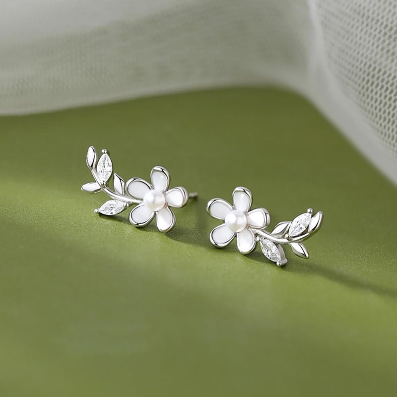 Reffeer Solid 925 Sterling Silver Flower Stud Earrings for Women Teen Girls CZ Leaf Post Stud Earrings Pearl Flower Studs (A-Silver) - Image 3