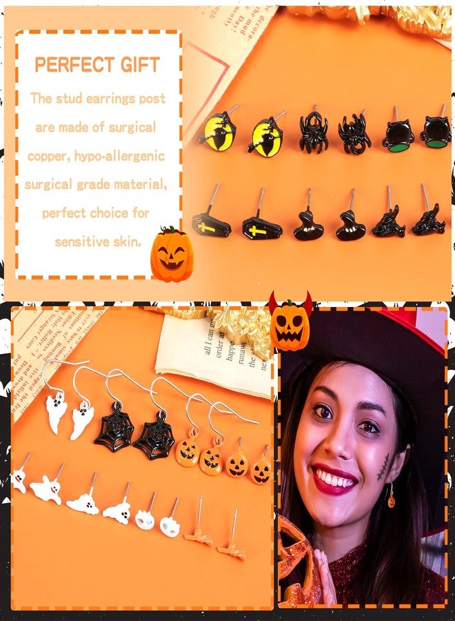 Dcfywl731 26 Pairs Halloween Stud Earrings Bat Cat Witch Earrings Set Spider Web Pumpkin Skull Drop earrings Jewelry for Women Halloween Outfit Costumes Accessories - Image 4