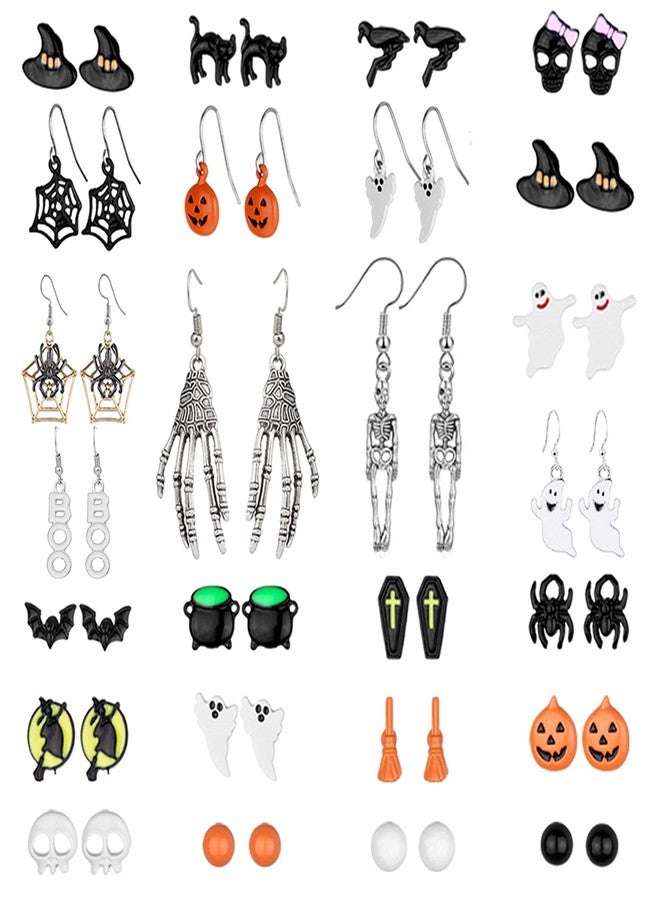 Dcfywl731 26 Pairs Halloween Stud Earrings Bat Cat Witch Earrings Set Spider Web Pumpkin Skull Drop earrings Jewelry for Women Halloween Outfit Costumes Accessories - Image 1