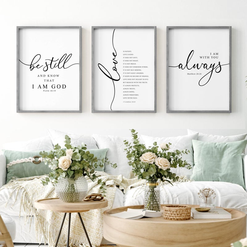 Heiple Framed Be Still and Know that I am God Sign Love is Patient Love is Kind Wall Art Set of 3 with Wooden Frame for Home Bedroom Decor Bible Verse Scripture Art Christian Religious Wall Decor (Gray, 11â€x14â€) - Image 1