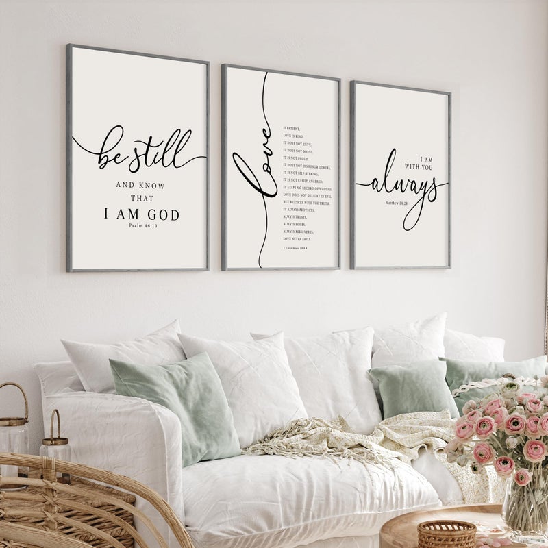 Heiple Framed Be Still and Know that I am God Sign Love is Patient Love is Kind Wall Art Set of 3 with Wooden Frame for Home Bedroom Decor Bible Verse Scripture Art Christian Religious Wall Decor (Gray, 11â€x14â€) - Image 3