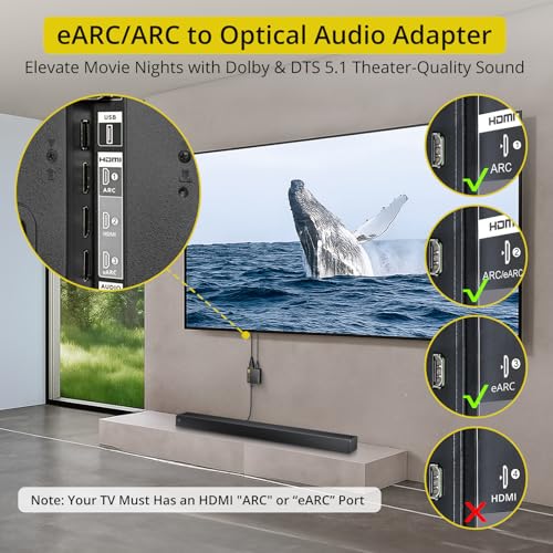 PROZOR eARC/ARC to Optical Audio Extractor, Enhanced eARC Audio Converter Supports Dolby/DTS 5.1, 192KHz HDMI eARC/ARC to Optical Toslink Adapter for TV to Soundbar Amplifier Home Theater 7ft Long - Image 2