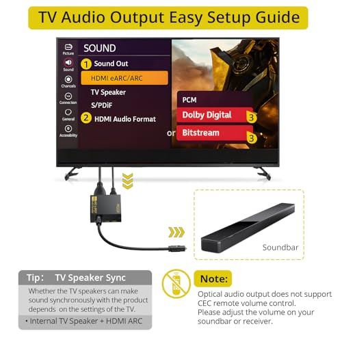 PROZOR eARC/ARC to Optical Audio Extractor, Enhanced eARC Audio Converter Supports Dolby/DTS 5.1, 192KHz HDMI eARC/ARC to Optical Toslink Adapter for TV to Soundbar Amplifier Home Theater 7ft Long - Image 4