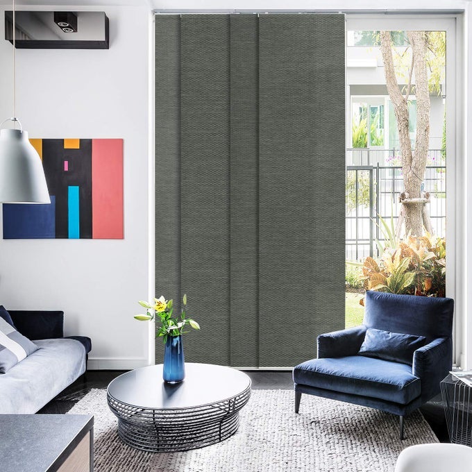 SHIMMERING ADJUSTABLE SLIDING PANEL TRACK BLINDS VERTICAL WINDOW BLINDS PATIO DOOR BLINDS EXTENDABLE TRACK FROM 458 TO 86 W TRIMMABLE PANEL CURTAINS UP TO 96 OBSIDIAN