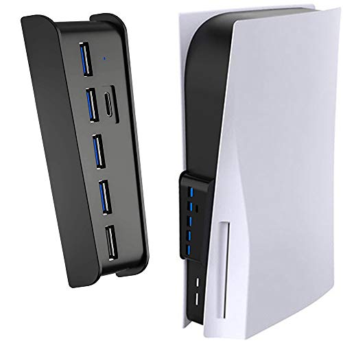 arVin USB Port Hub for PS5, 5 Port USB Extender High-Speed Transmission Expansion Adapter Converter Splitter with 4 USB 2.0 Port+1 USB Charging Port+1 Type C 3.1 Port for PlayStation 5 Gaming Console-Black - Image 1