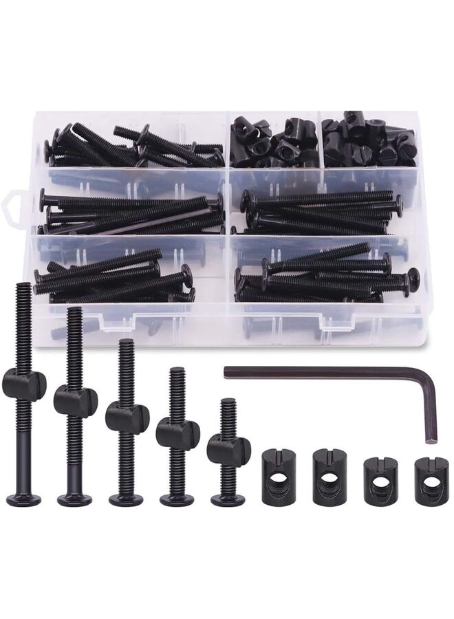 140PCS M6 x 15/25/35/45/55/65/75mm Crib Screws Hardware Replacement Kit, Black Hexagon Socket Head Bolt Barrel Nut Assortment Set, For Furniture Cribs, 1 Hexagon Socket Wrench and Plast - Image 1