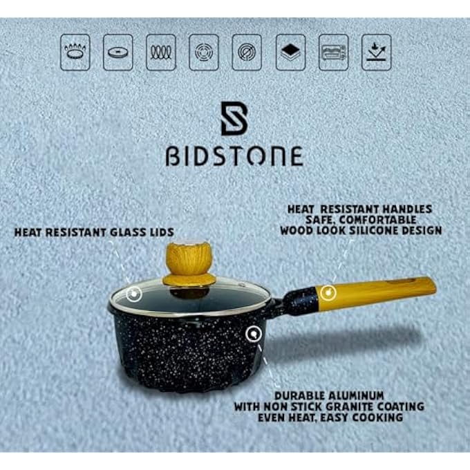 بيدستون قدر أسود غير لاصق مقاس 18 سم، قاعدة حثية مقاومة للخدش سعة 15 لتر، مقبض خشبي، خالٍ من مادة Ptfe وPfoa، تصميم أنيق منقط باللون الأسود - Image 2