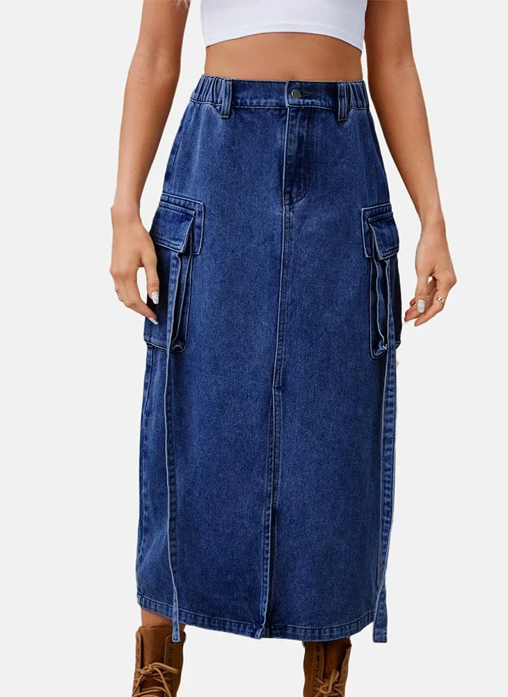 YUNIQEE Blue Mid Rise Plain Midi Skirt