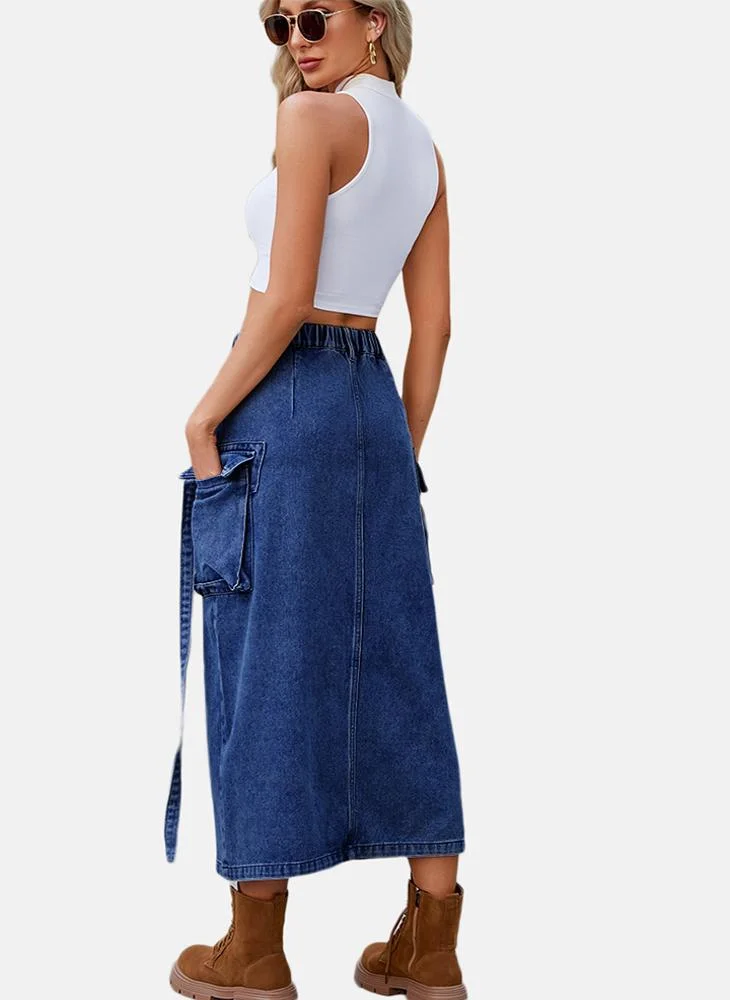 YUNIQEE Blue Mid Rise Plain Midi Skirt