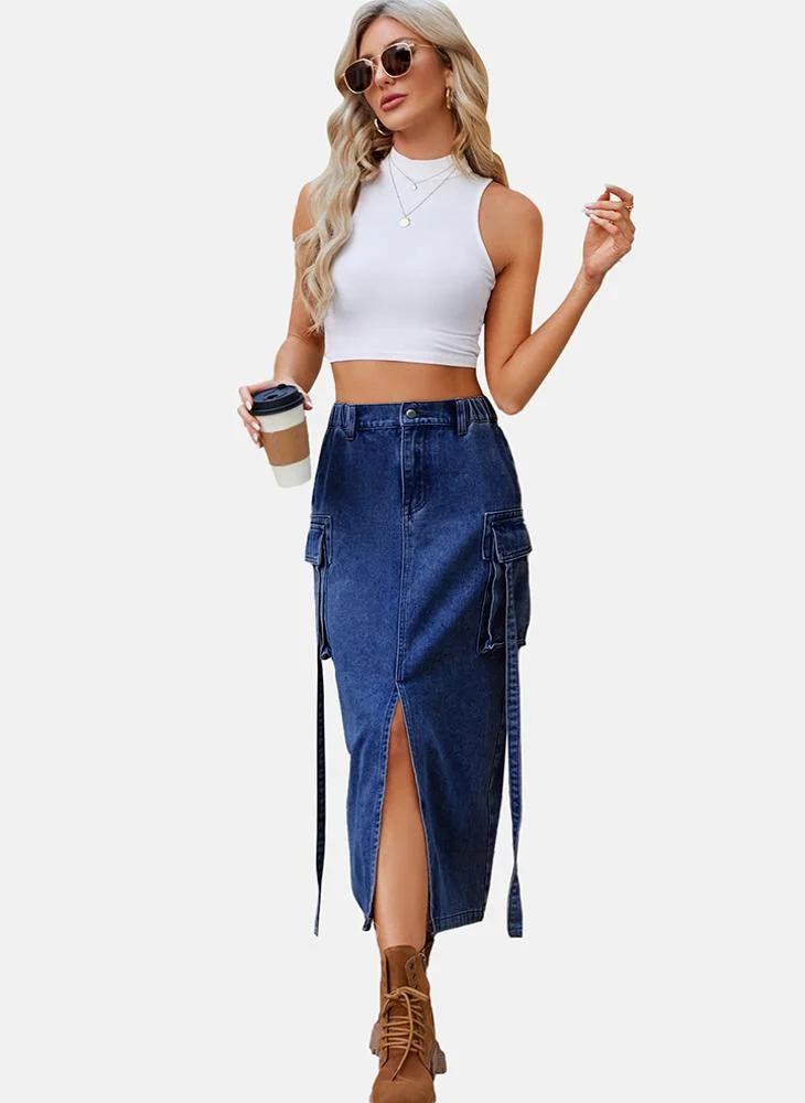 YUNIQEE Blue Mid Rise Plain Midi Skirt