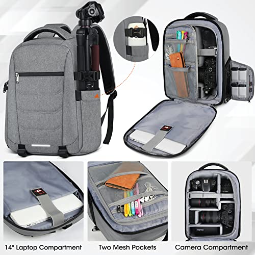 SDYSM Camera Bag Backpack Professional for DSLR SLR Mirrorless Camera Waterproof Laptop Back Pack 14 Inch with Rain Cover Anti Theft Travel Case Large Capacity Photography Backpack Grey - Image 2