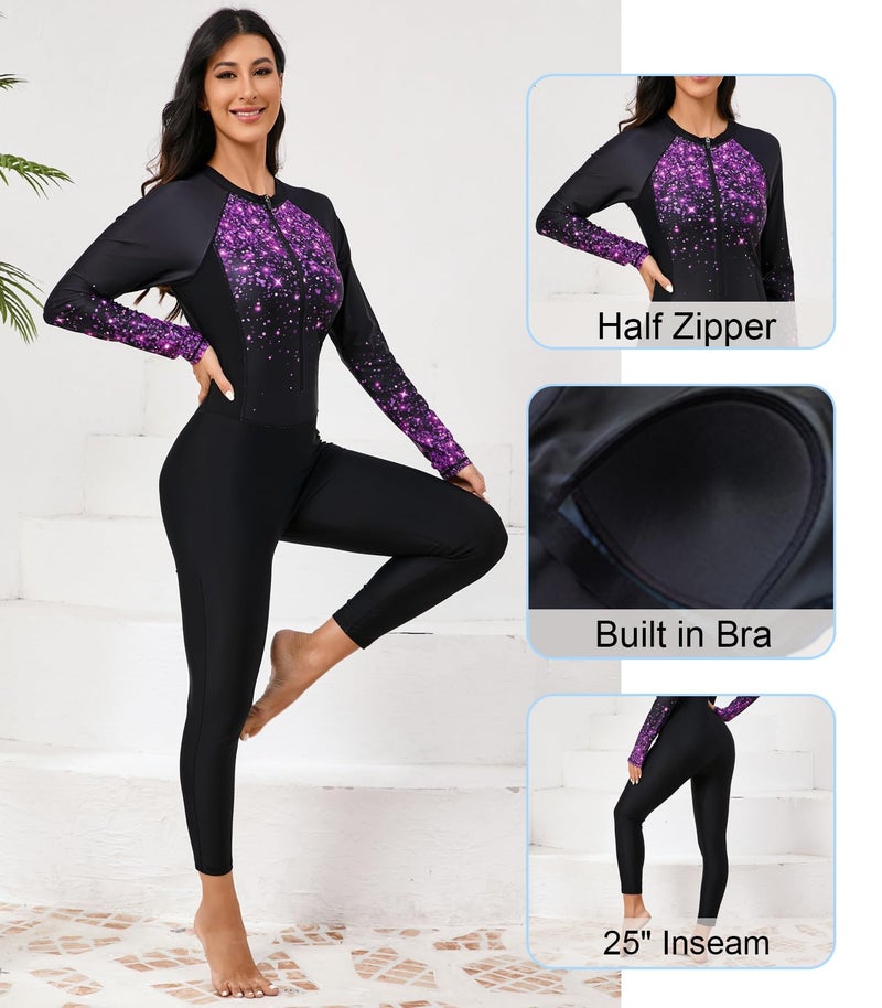 ALLTOKE Womens Full Body Rash Guard with Built in Bra Long Sleeve One Piece Swimsuit Upf50+ Zip Front Bathing Suit Black Starry Sky L - Image 3