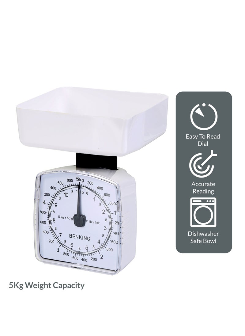 BENKING - Retro Style Analog Kitchen Scale with 1 Bowl Plastic Shell Mechanical Weighing Scale Weighs Up To 5Kg (White) - Image 1