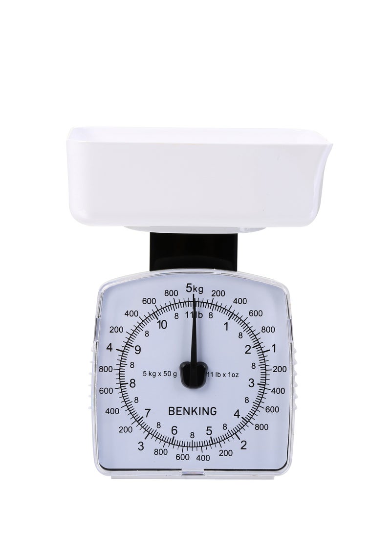BENKING - Retro Style Analog Kitchen Scale with 1 Bowl Plastic Shell Mechanical Weighing Scale Weighs Up To 5Kg (White) - Image 1
