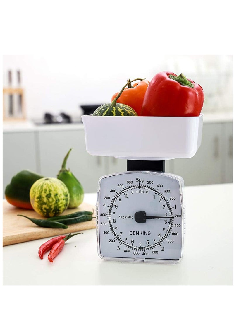 BENKING - Retro Style Analog Kitchen Scale with 1 Bowl Plastic Shell Mechanical Weighing Scale Weighs Up To 5Kg (White) - Image 1