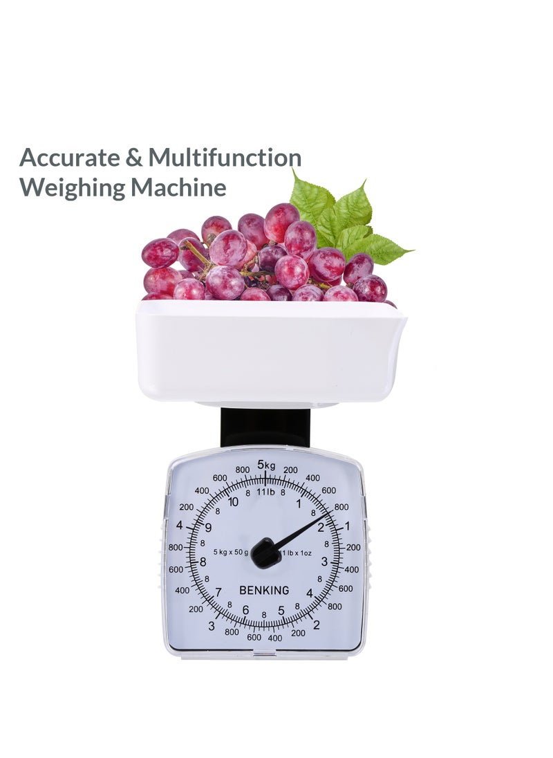 BENKING - Retro Style Analog Kitchen Scale with 1 Bowl Plastic Shell Mechanical Weighing Scale Weighs Up To 5Kg (White) - Image 1