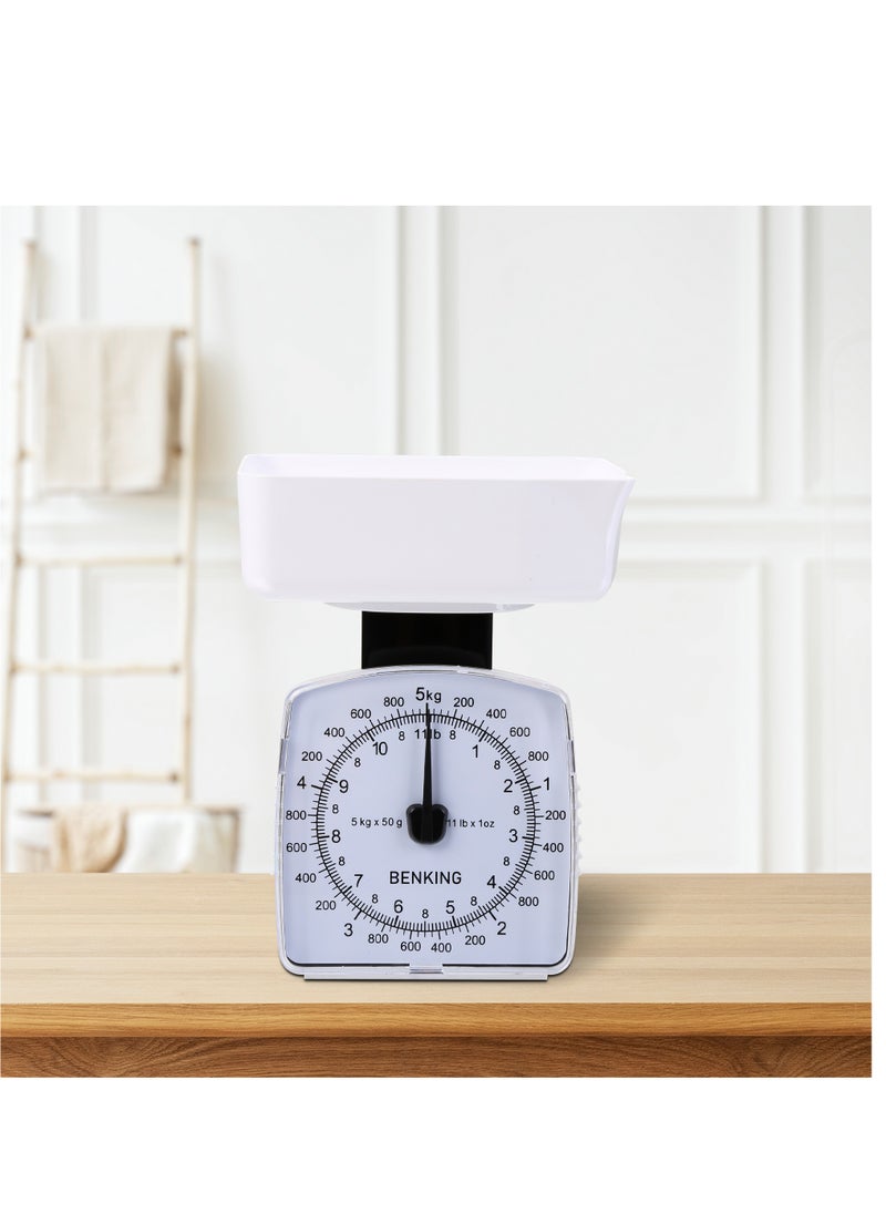 BENKING - Retro Style Analog Kitchen Scale with 1 Bowl Plastic Shell Mechanical Weighing Scale Weighs Up To 5Kg (White) - Image 1