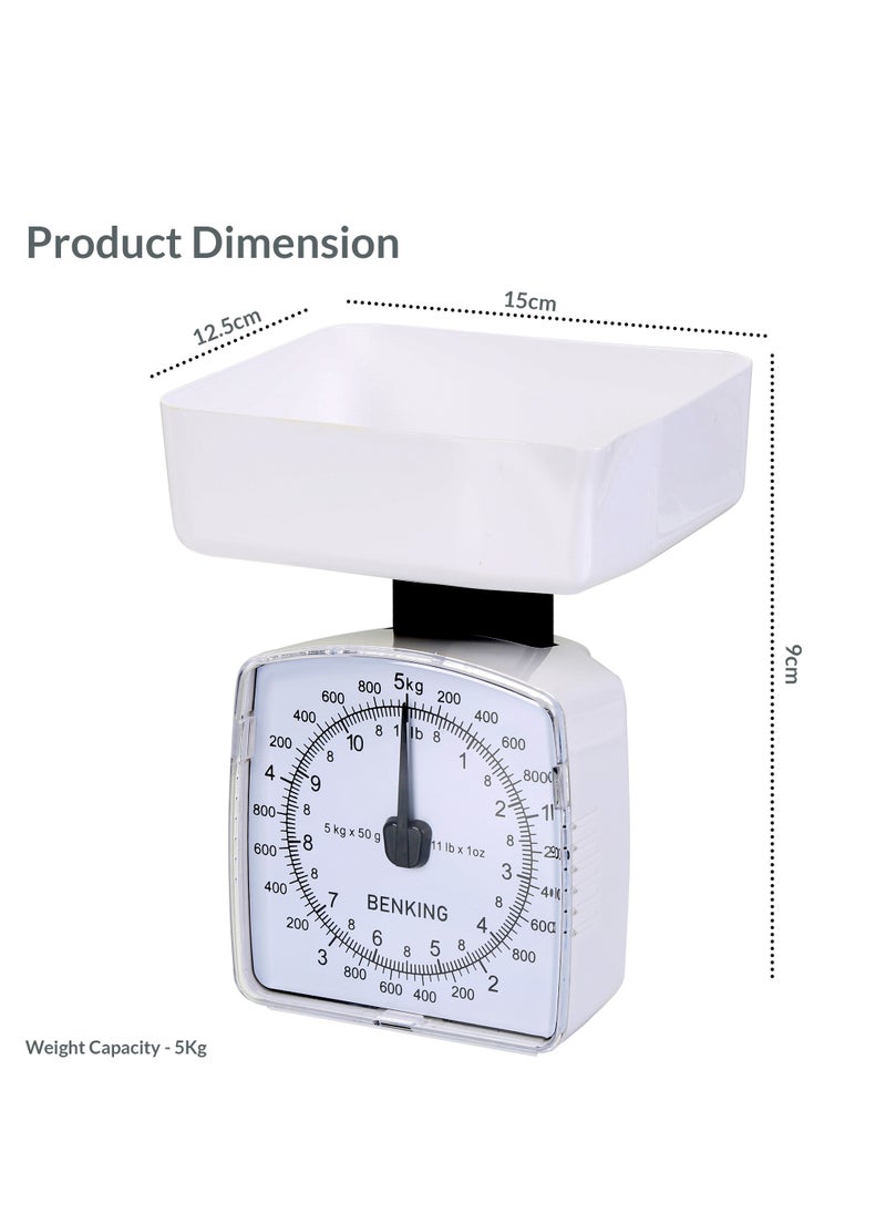 BENKING - Retro Style Analog Kitchen Scale with 1 Bowl Plastic Shell Mechanical Weighing Scale Weighs Up To 5Kg (White) - Image 1