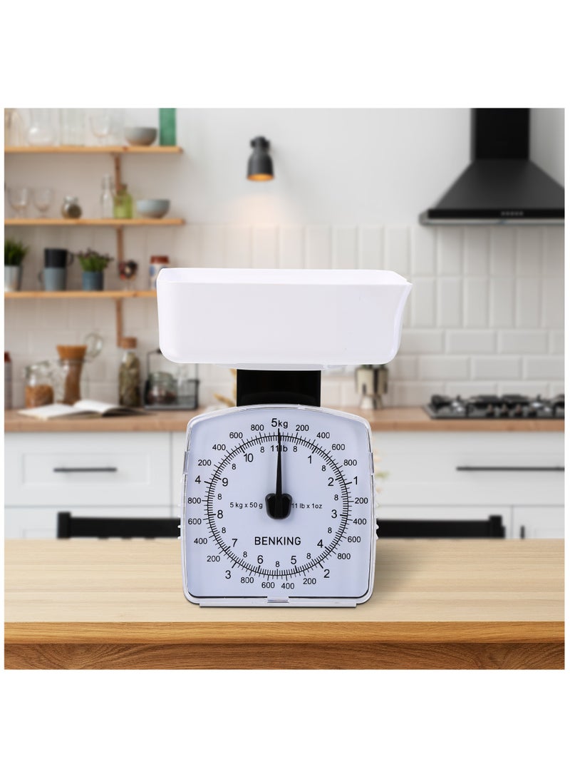 BENKING - Retro Style Analog Kitchen Scale with 1 Bowl Plastic Shell Mechanical Weighing Scale Weighs Up To 5Kg (White) - Image 1