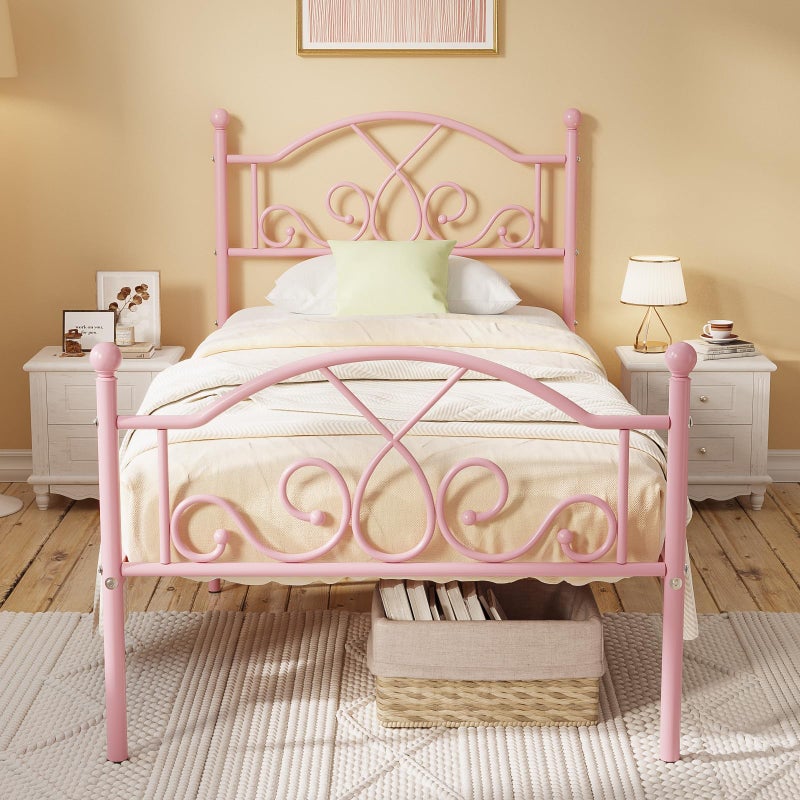 Weehom Twin Bed Frames Modern Twin Size Metal Bed Frames for Kids Girls No BoxSpring Needed Twin Platform Bed Frame with Unique Headboard and Footboard 1123 Inches Storage Space  Pink