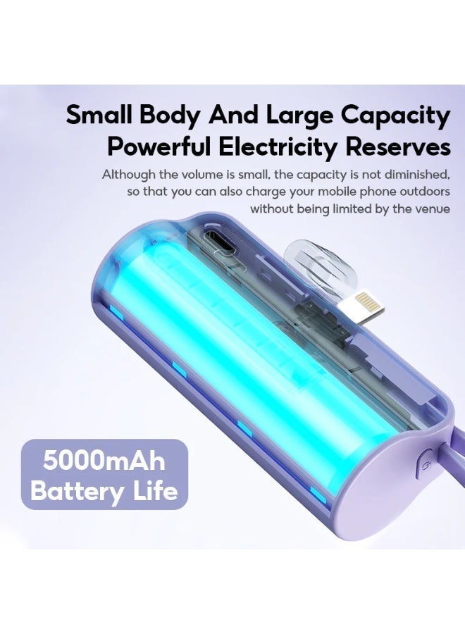 باور بانك صغير JS26 بسعة 5000 مللي أمبير مع موصلات USB-C و Lightning مدمجة، شاشة رقمية، حامل هاتف، لون بنفسجي فاتح - Image 4