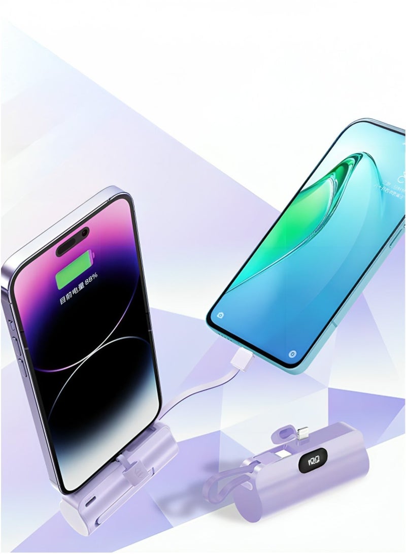 باور بانك صغير JS26 بسعة 5000 مللي أمبير مع موصلات USB-C و Lightning مدمجة، شاشة رقمية، حامل هاتف، لون بنفسجي فاتح - Image 2