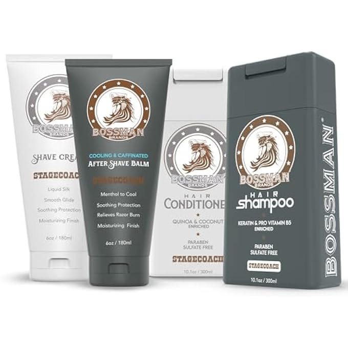 Bossman Shower and Shave Collection 4 Pack - Shampoo for Men + Hair Conditioner & Shave Cream + After Shave Set - Grooming Essentials for Men (Stagecoach) - Packaging May Vary