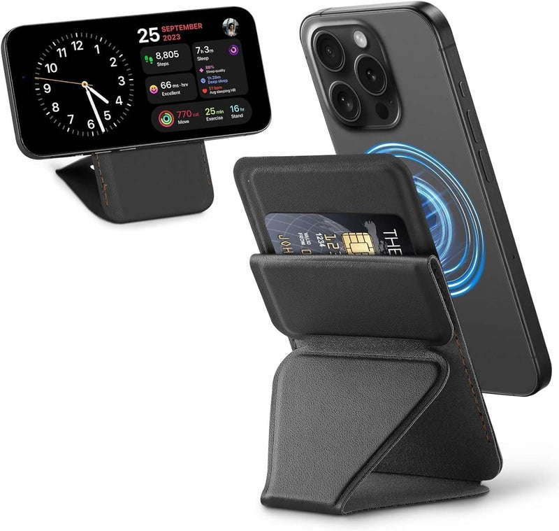 TERRIFI MagSafe Wallet Stand Leather Credit Card Holder Magnetic Wallet for iPhone 16/15/14/13/12, Samsung, Google Pixel, Sony, Nokia, Motorola, Slim 2-Card Phone Wallet Gift for Men Women (Black) - Image 1