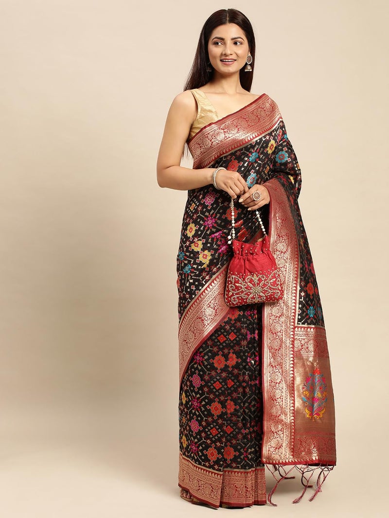 AMIRAT Women's Handloom Patola Silk Saree and Unstitched Blouse Piece with Rich Pallu Meenakari | Sari for Wedding | Black - Image 3