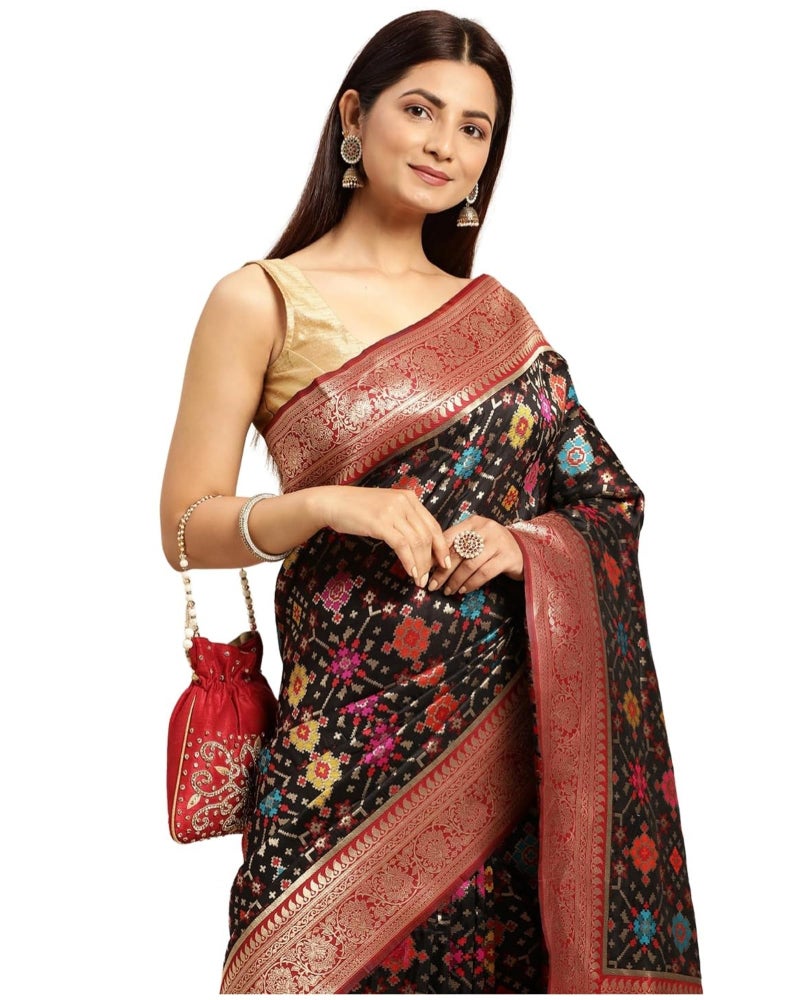 AMIRAT Women's Handloom Patola Silk Saree and Unstitched Blouse Piece with Rich Pallu Meenakari | Sari for Wedding | Black - Image 1