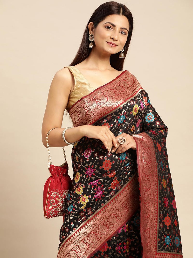 AMIRAT Women's Handloom Patola Silk Saree and Unstitched Blouse Piece with Rich Pallu Meenakari | Sari for Wedding | Black - Image 4