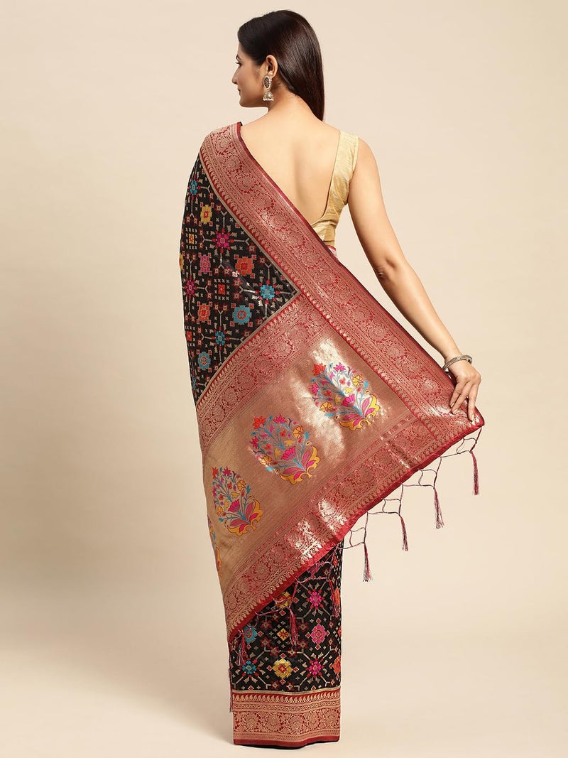 AMIRAT Women's Handloom Patola Silk Saree and Unstitched Blouse Piece with Rich Pallu Meenakari | Sari for Wedding | Black - Image 5