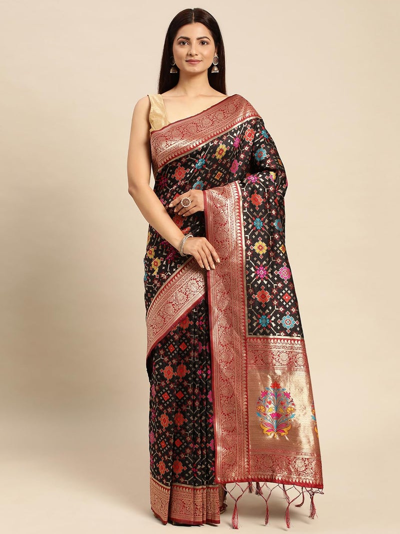 AMIRAT Women's Handloom Patola Silk Saree and Unstitched Blouse Piece with Rich Pallu Meenakari | Sari for Wedding | Black - Image 2