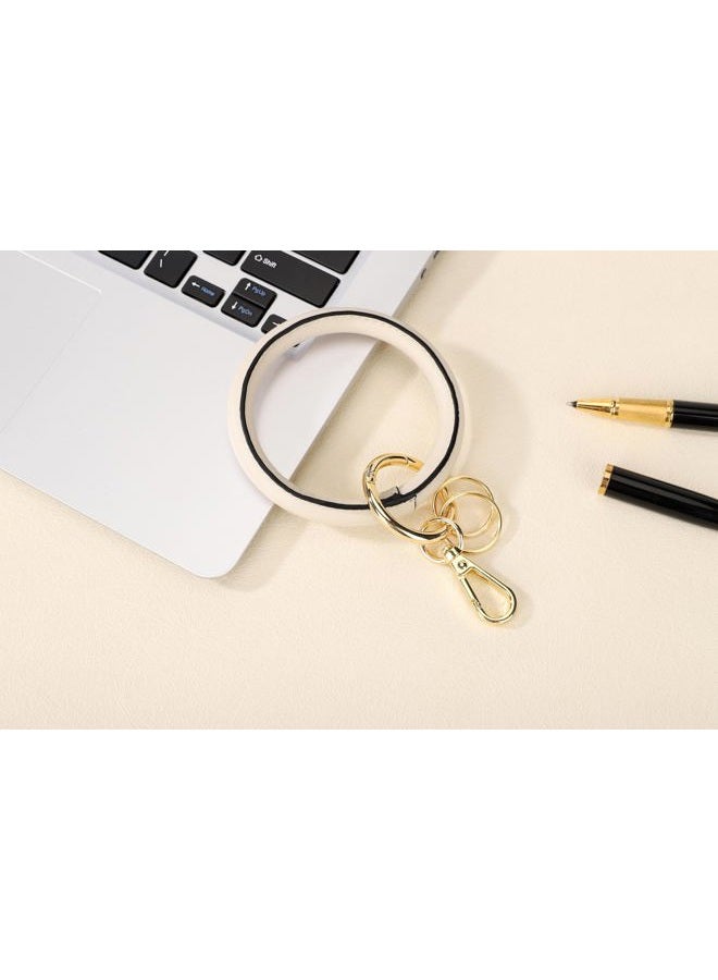 Junyuerly Wristlet Bracelet Keychain PU Leather Key chain Silicone Bangle Key Ring for Women Girls (Gold+beige) - Image 4