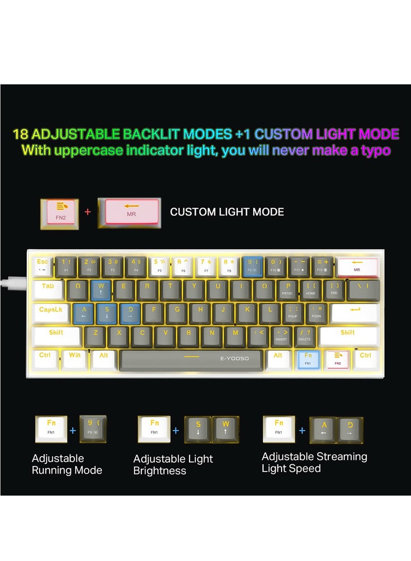 E-YOOSO Z-11 60% Mechanical Gaming Keyboard,Red Switch 61 Keys Wired Compact Keyboard,Yellow Backlit and Metal Panel for Windows,Mac OS-Grey White - Image 4