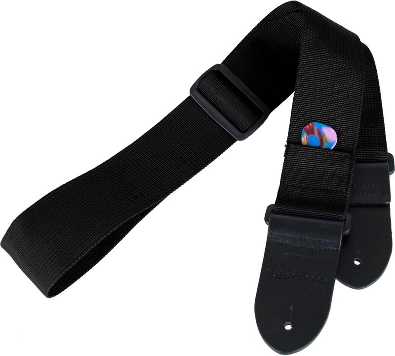 Protec POLYST Black Nylon Guitar Strap with Leather Ends and Pick Pocket - Image 1