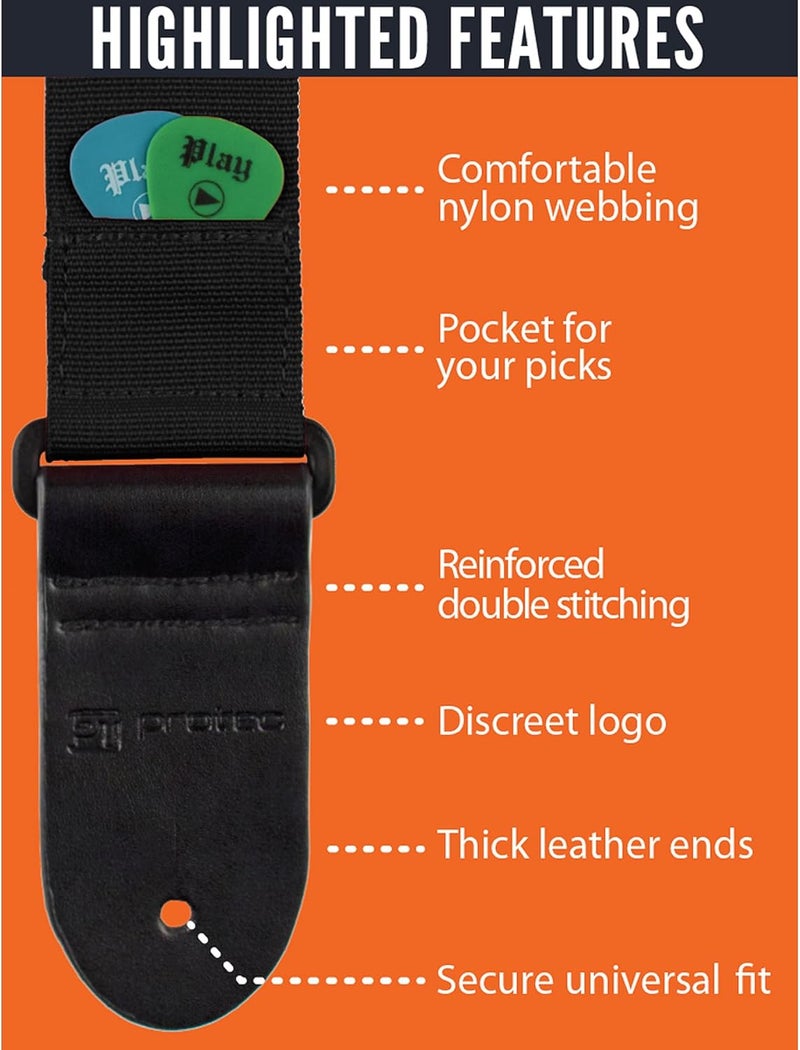 Protec POLYST Black Nylon Guitar Strap with Leather Ends and Pick Pocket - Image 4