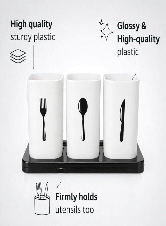 ADson™ 3-Compartment Cutlery Holder with Tray, White Plastic Organiser - Image 4