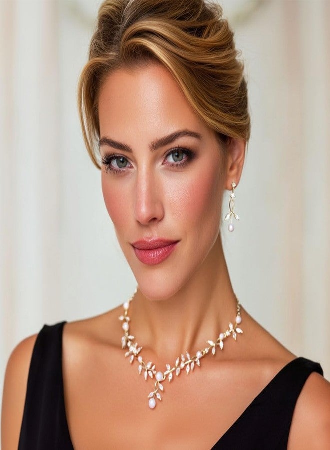 Unicra Pearl Wedding Jewelry Sets Gold Rhinestone Necklace Earrings Sets Prom Bridal Formal Jewelry for Women and Brides (Gold) - Image 3