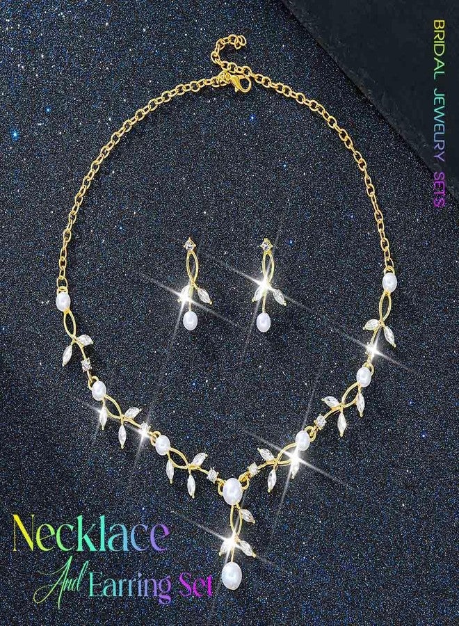Unicra Pearl Wedding Jewelry Sets Gold Rhinestone Necklace Earrings Sets Prom Bridal Formal Jewelry for Women and Brides (Gold) - Image 2