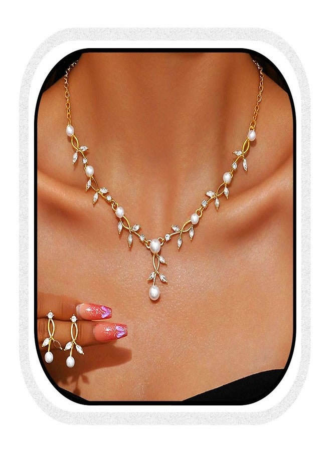 Unicra Pearl Wedding Jewelry Sets Gold Rhinestone Necklace Earrings Sets Prom Bridal Formal Jewelry for Women and Brides (Gold) - Image 1